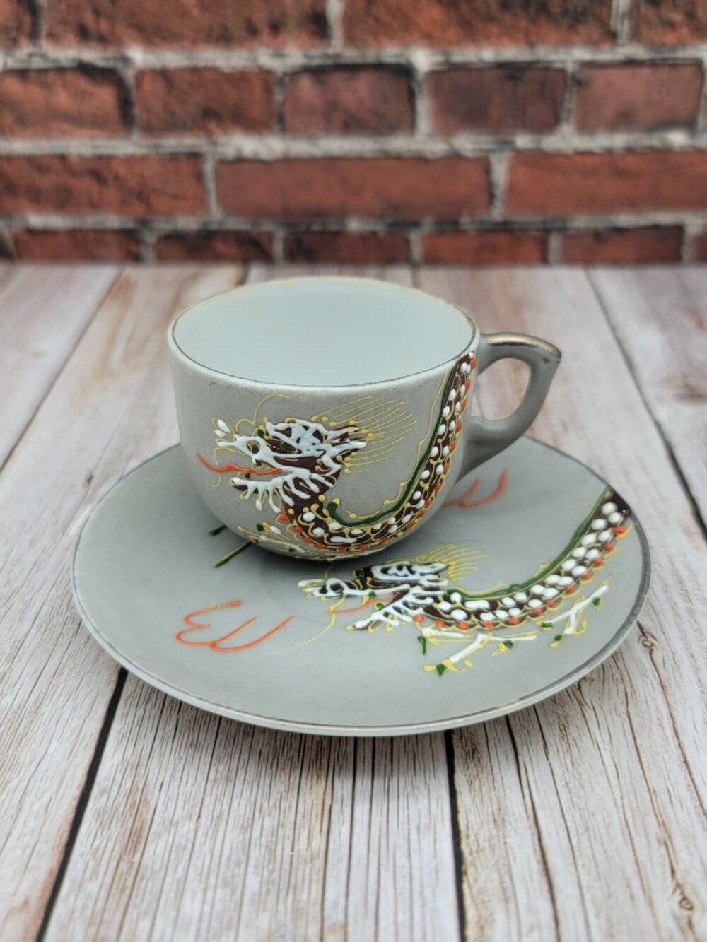 Occupied Japan Hand painted Gray Moriage Porcelain Dragonware Mini Cup & Saucer - Picture 12 of 12